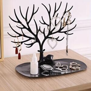 Deer Tree Jewelry Organizer Stand – Black Earring & Ring Holder with Tray